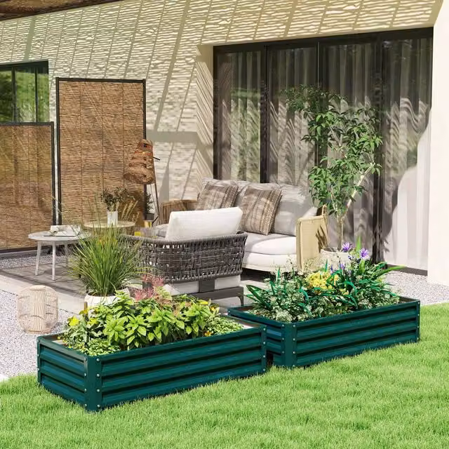 OUTSUNNY Set of 2 Green Raised Garden Bed Elevated Planter Boxes made of Galvanised Steel