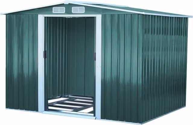 Livingandhome Metal Garden Storage Shed with Sliding Doors and Gable Roof, Green
