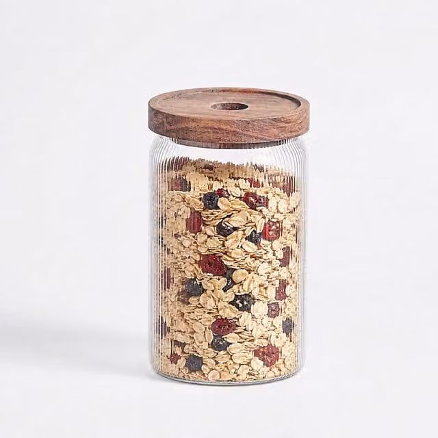 Eden & Willow Fine Ribbed Airtight Glass Storage Jar with Acacia Lid, Transparent, 0.85l