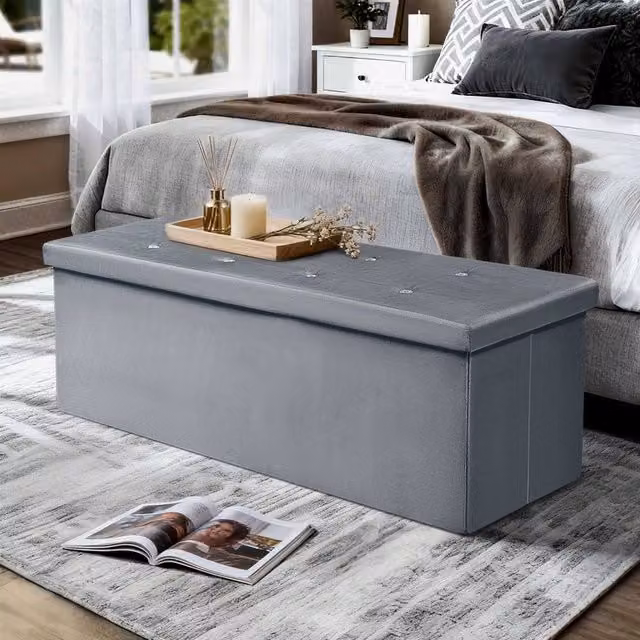 Simpa Extra Large Fold Flat Ottoman Storage in Dark Grey Brushed Velvet, L 110 cm x W 38 cm x H 37 cm