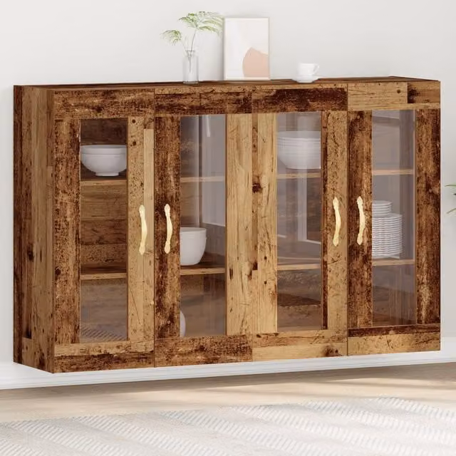 Berkfield Home Set of 2 Brown Solid Wood Wall Mounted Cabinets with Glass Doors, W: 139 cm, D: 34 cm, H: 90 cm