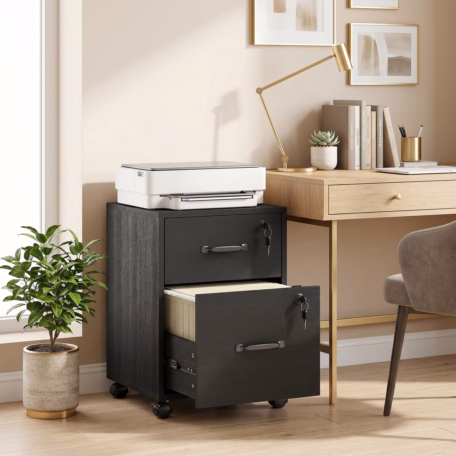 HOMCOM Rolling File Cabinet with 2 Drawers and Castors, Black Mobile Filing Cabinet for Letter Sized Documents – 8
