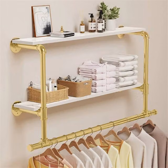 FORGEVIO Industrial Pipe Wall Garment Rack with 2 Tier Shelves in Gold and White Marble – 1
