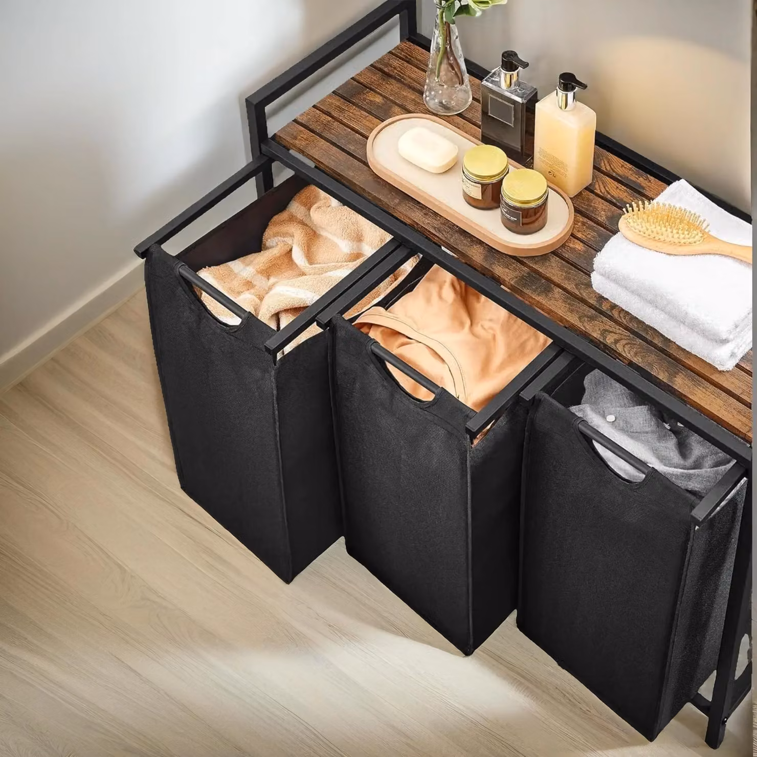 Pirlo Plush Industrial 3 Compartment Laundry Basket with Removable Bags in Brown – 2