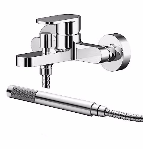 nuie BIN316 Binsey Modern Round Wall Mounted Bath Filler Tap with Single Lever Handles and Shower Kit, Chrome