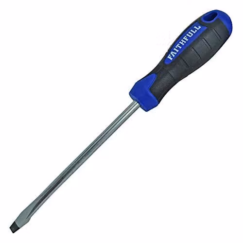 Faithfull Flared Slotted Screwdriver with Soft-Grip Handle and Chrome Vanadium Steel Blade in Blue and Black, 10mm x 200mm