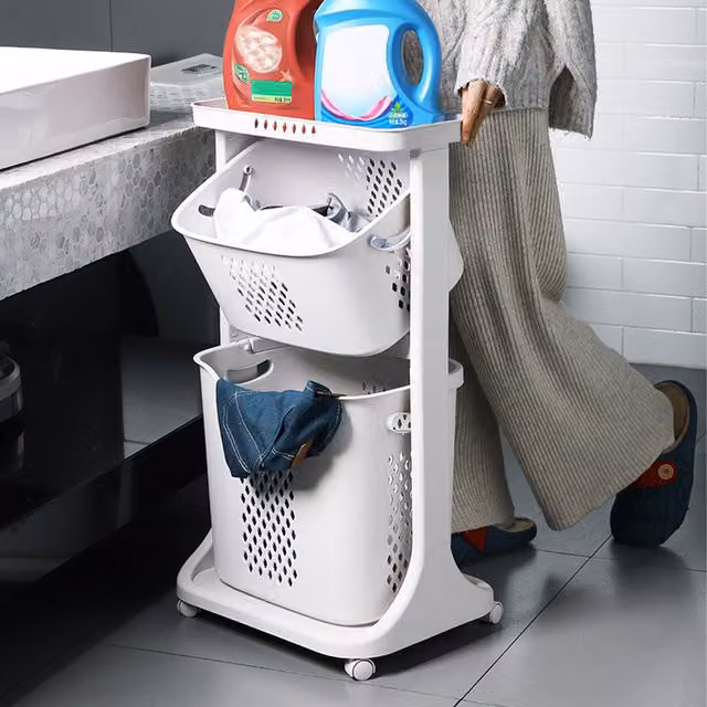 Livingandhome Multifunction Laundry Hamper Storage Trolley with Wheels and Handles, Grey, Height: 79 cm