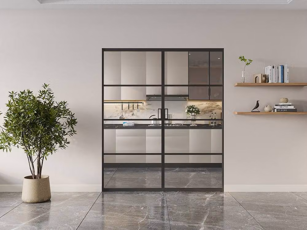 Vente-unique Industrial Double Sliding Door with Pocket System in Black Aluminium and Transparent Glass – 2