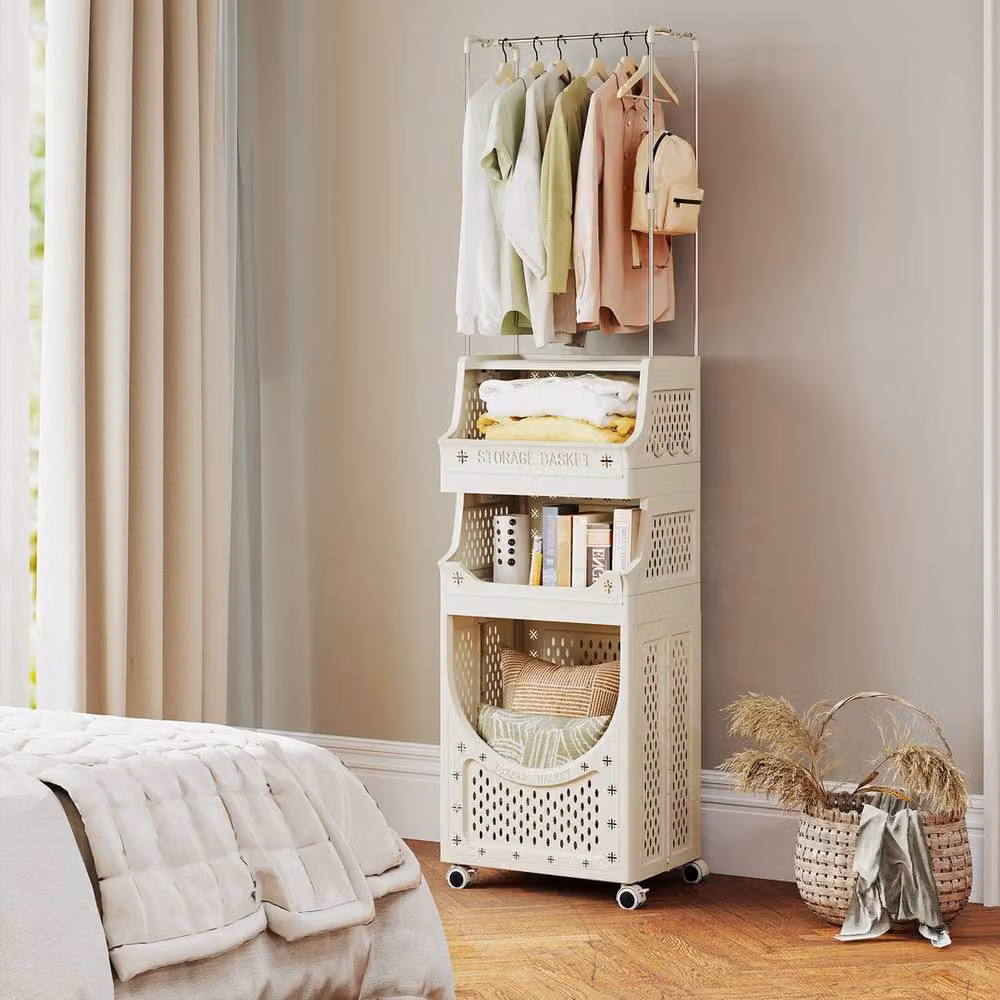 Havendro 4 Tier Folding Laundry Cart with Hanging Bar and Wheels, Beige – 2