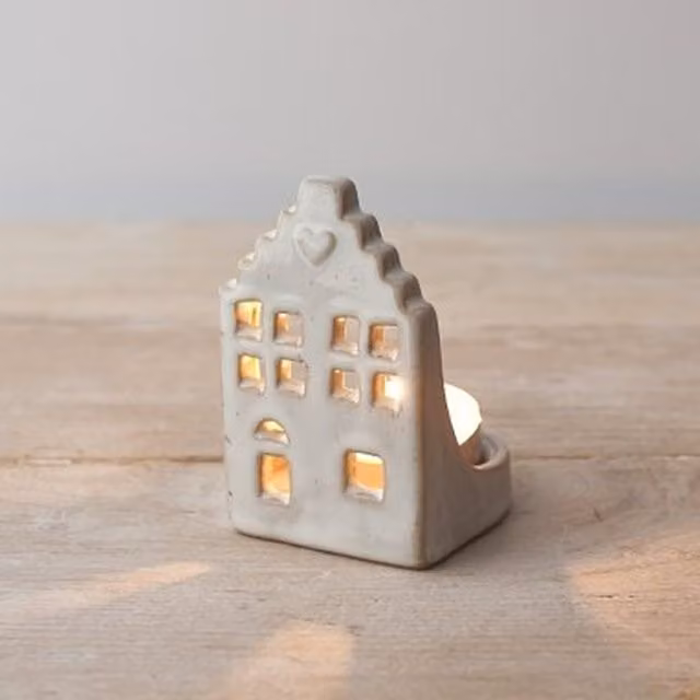 Little Cosy Home Rustic Ceramic Heart Tealight House in Beige