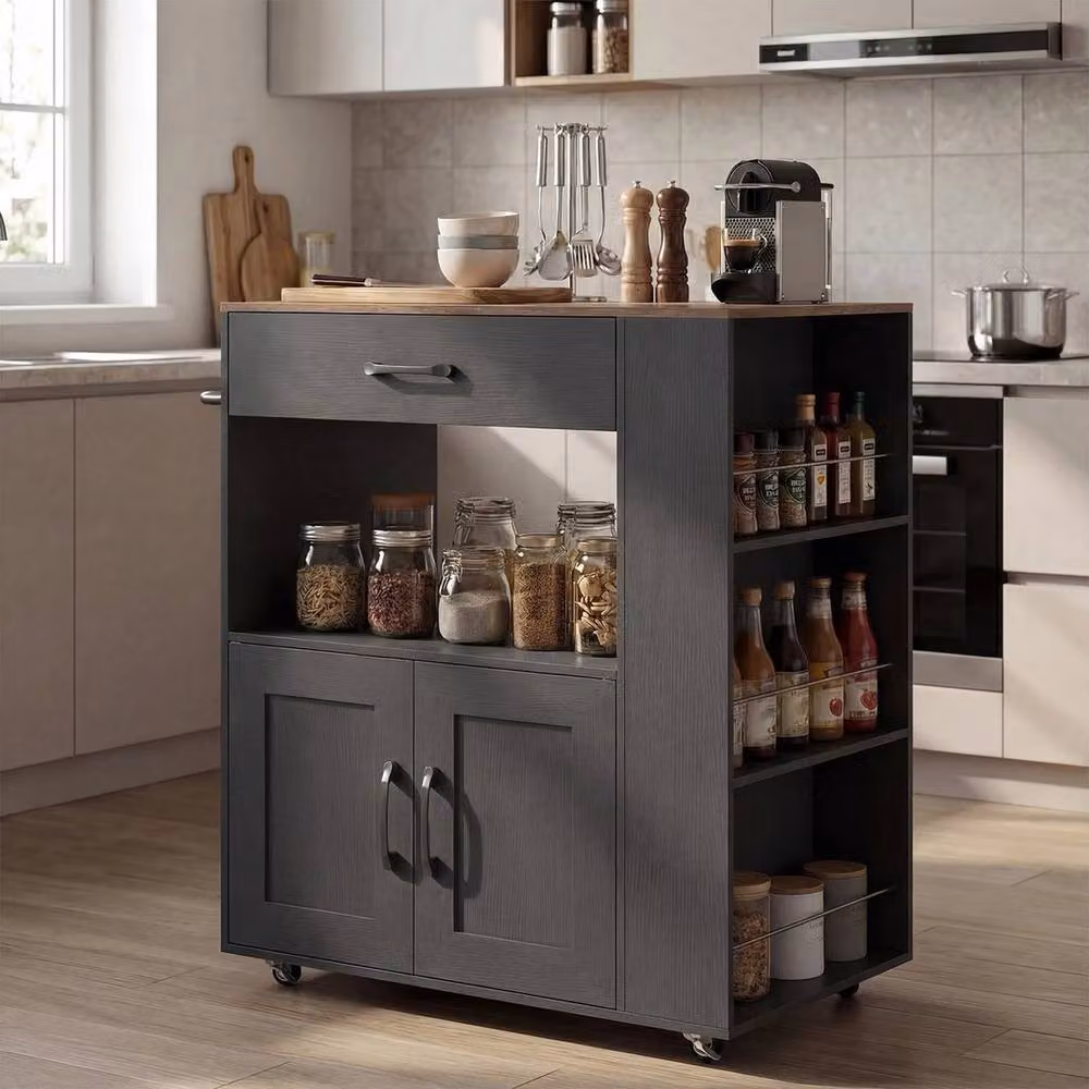 Kelvenix Modern Black Kitchen Island Cart with Wood Storage – 3