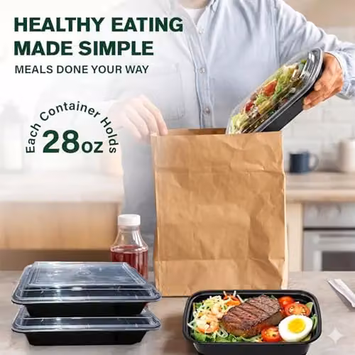ECONX 50 Pack Black Plastic Meal Prep Food Storage Containers with Airtight Lids, 28oz Each – 4