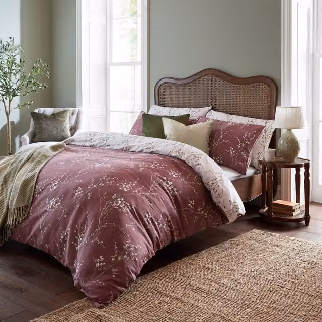 Laura Ashley Pussy Willow Reversible Floral Cotton Mako Satin Duvet Cover and Pillowcase Set in Purple and Green