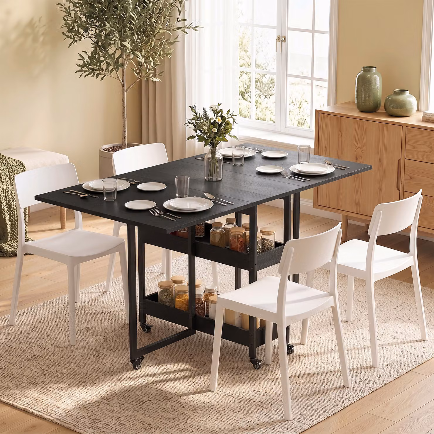 HOMCOM Black Wood-Effect Four-Person Drop Leaf Dining Table with Folding Top – 2