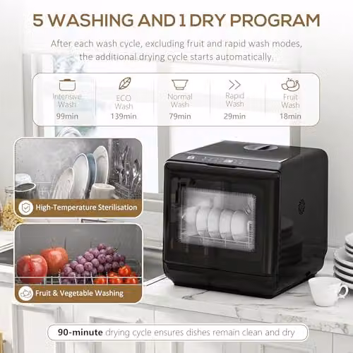 HOMCOM Countertop Dishwasher in Black with 6L Water Tank and 4 Place Settings – 4