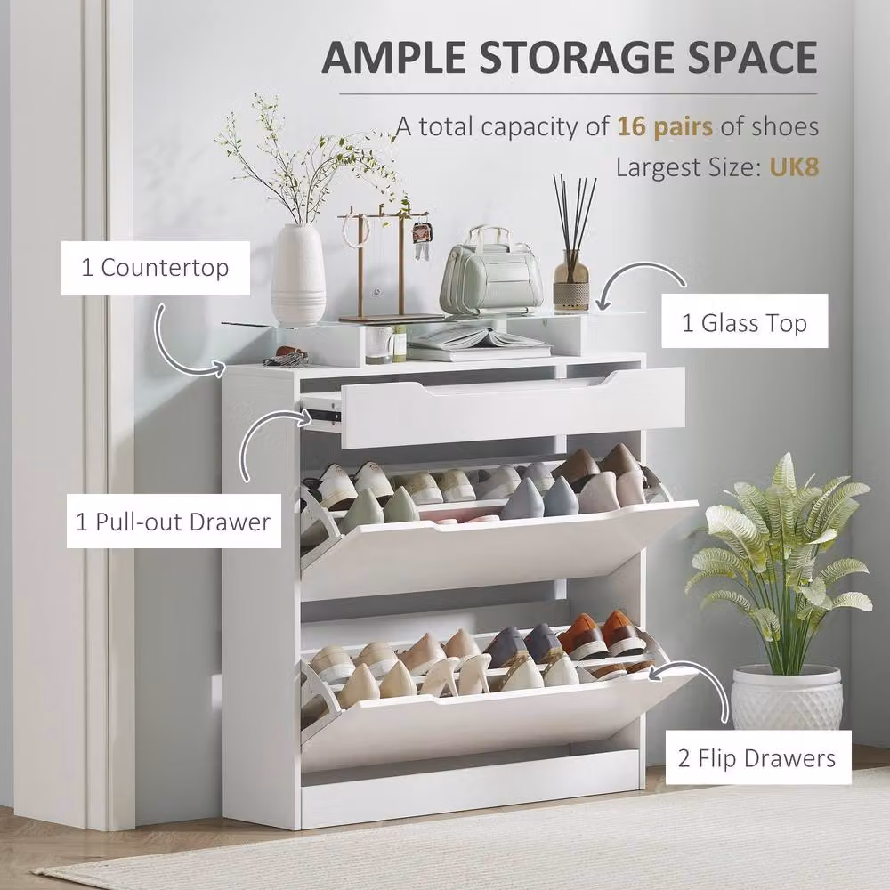 HOMCOM Modern White Glossy Shoe Cabinet with Glass Top and Tilting Compartments – 2