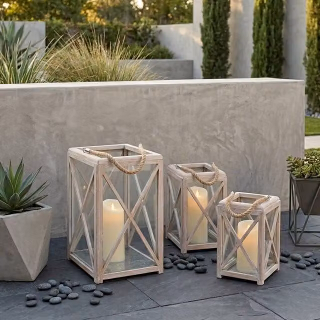 Garden Greatness Trio of Rustic Distressed Wood Tabletop Garden Lanterns in Brown and Multicolour, 3 Pack