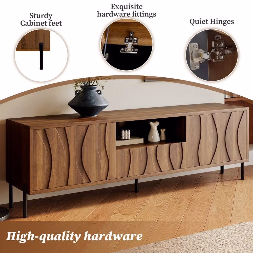 Merax Modern Wave Front TV Unit in Walnut with Three Doors and Iron Legs, W: 160 cm, D: 35 cm, H: 46 cm – 2