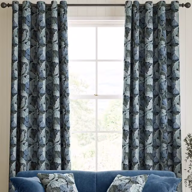 William Morris At Home Acanthus Made to Measure Blackout Eyelet Curtain in Blue and Green Floral Cotton