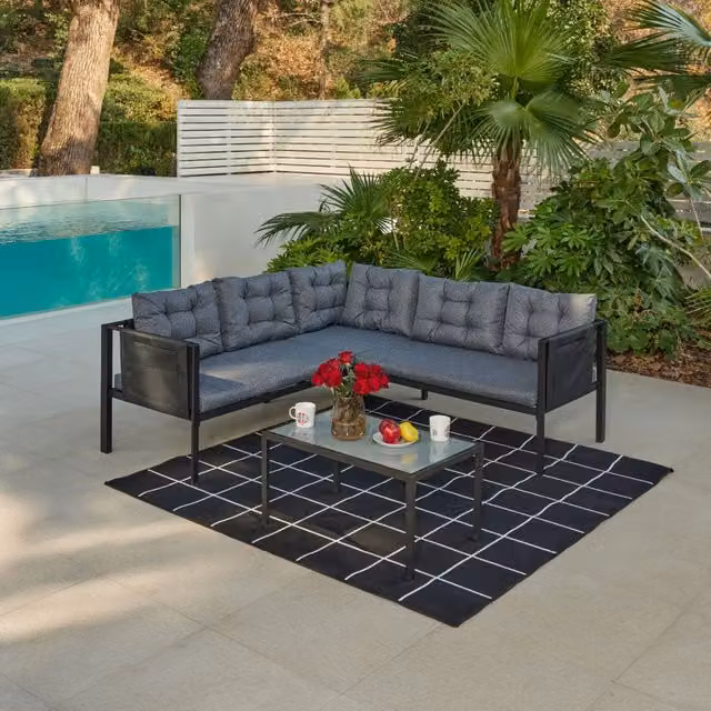 Home Detail Tara Black L-Shape Garden Sofa Set with Grey Cushions, W/D/H: 191.5 x 191.5 x 66 cm