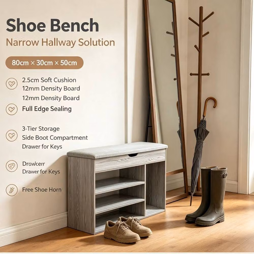 KORVIXA Shoe Bench with Cushion Seat in Grey, W/D/H: 100 x 100 x 50 cm – 2