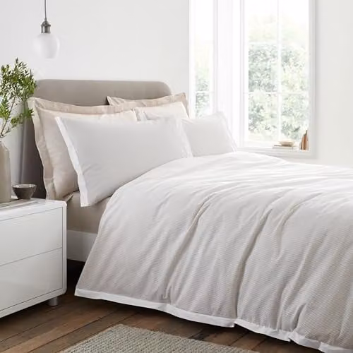 Bianca Seersucker Woven Stripe 180 Thread Count Cotton Duvet Cover and Pillowcase Set, Beige, W/D/H: 135 x 200 cm and 50 x 75 cm – 1