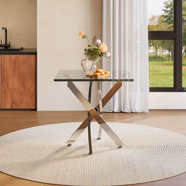 Livingandhome Modern Square Side Table with Transparent Tempered Glass Top and Silver X-Frame