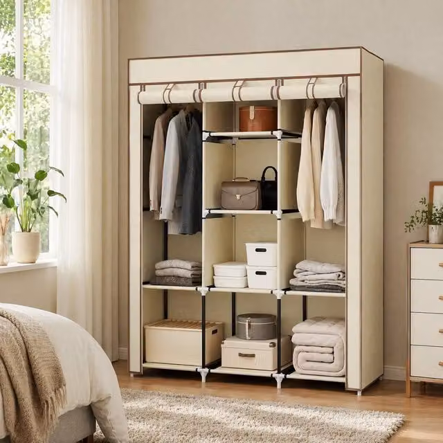 STILVORA Wardrobe with Roll Shutter, Hanging Rod and Internal Shelves in Beige