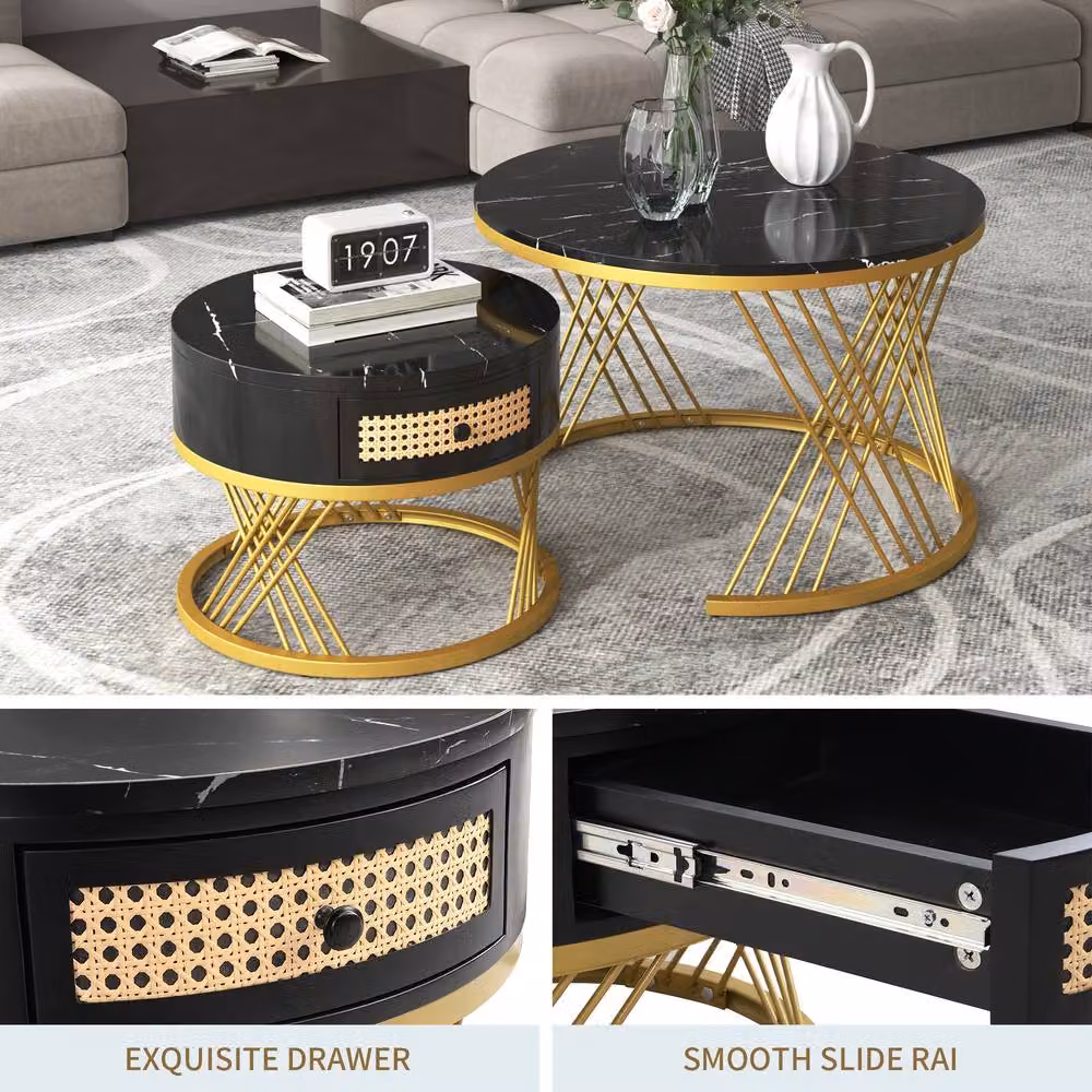 BTM 2-in-1 Round Nested Coffee Tables with Rattan Drawers in Black, Gold and Multicolour, MDF and Metal – 2