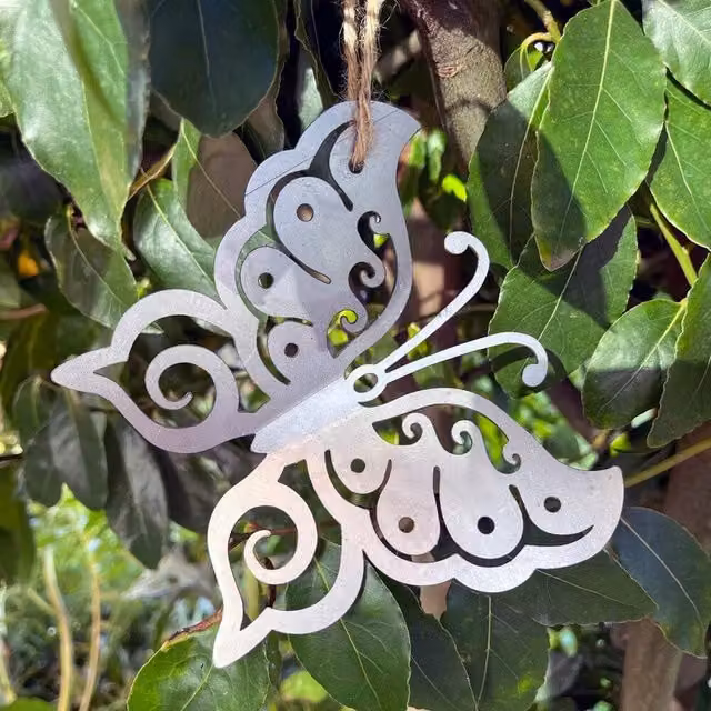 Poppyforge Silver and Black Metal Hanging 3D Folded Wings Butterfly Garden Art, W: 15 cm, H: 13 cm