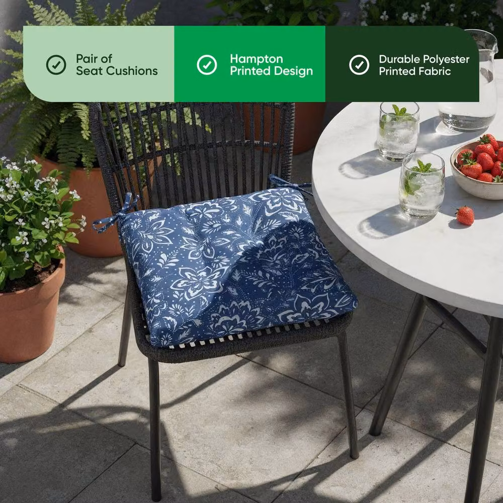 Gardenwize Hampton Pack of 2 Blue Square Outdoor Garden Chair Seat Pad Cushions with Tie Cords – 4