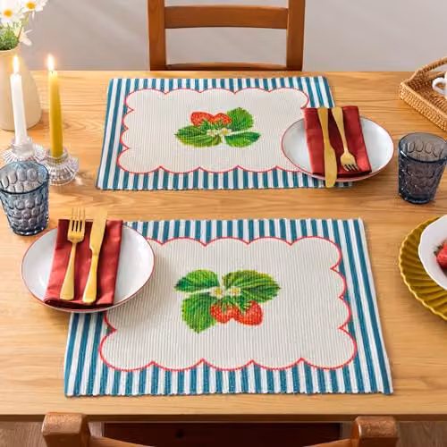Wylder Nature Strawberry Stripes Set of 4 Blue Indoor Outdoor Placemats, W: 46 cm, D: 36 cm – 3
