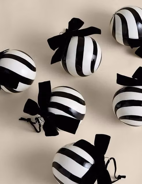 M&S 6 Pack Black Monochrome Striped Glass Christmas Baubles