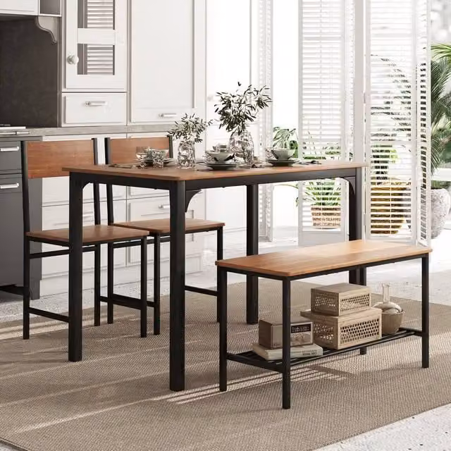 Costway 4-Piece Industrial Dining Table Set with Bench and Chairs in Brown – 1