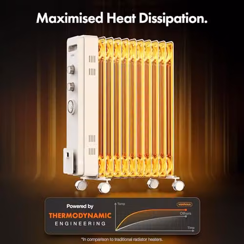 VonHaus 2500W Oil Filled Radiator, 11 Fin Portable Electric Freestanding Heater in White with 24 Hour Timer and Overheat Protection – 3