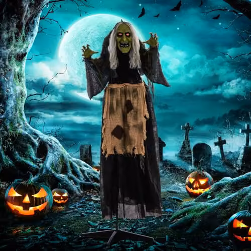 HOMCOM Sound Activated Halloween Witch Animatronic Prop in Grey, Height: 160 cm – 6