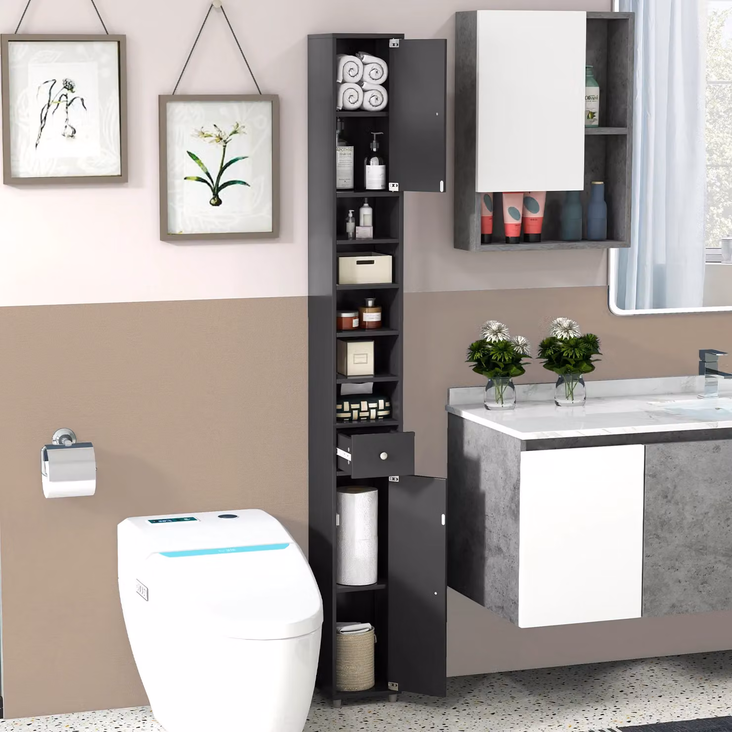 Gymax Slim Black Matt Bathroom Tall Cabinet with 2 Hinged Doors and Adjustable Internal Shelves – 6
