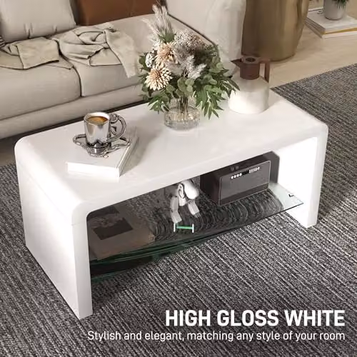 HOMCOM Modern High Gloss White Coffee Table with Rounded Edges, W/D/H: 100 x 45 x 45 cm – 3