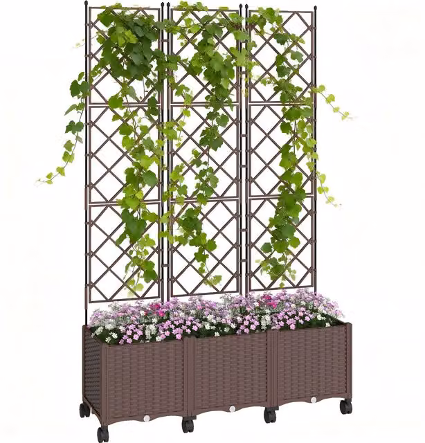 Outsunny Brown Plastic Raised Planter with Trellis and Wheels, Self-Watering Raised Bed for Vegetable, Herb or Ornamental Gardens, W/D/H: 120 x 40 x 192 cm