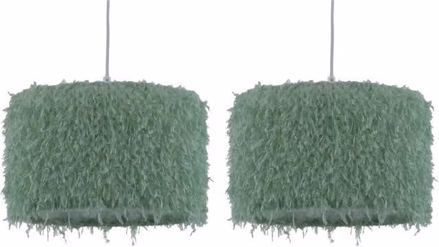 First Choice Lighting Rogers Set of 2 Green Shaggy Fabric Easy Fit Pendant Shades, Diameter: 30 cm – 1