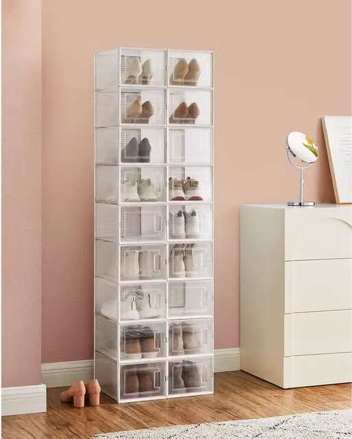 SONGMICS Stackable Transparent White Acrylic Shoe Storage Boxes W/D/H: 35 x 19 x 19 cm