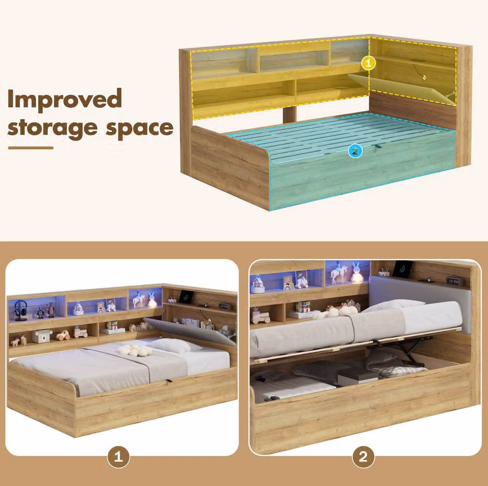 STILVORA Modern Storage Bed with USB Charging Port and LED Under-Bed Lighting in Sand and Brown, W: 135 cm x L: 190 cm – 3