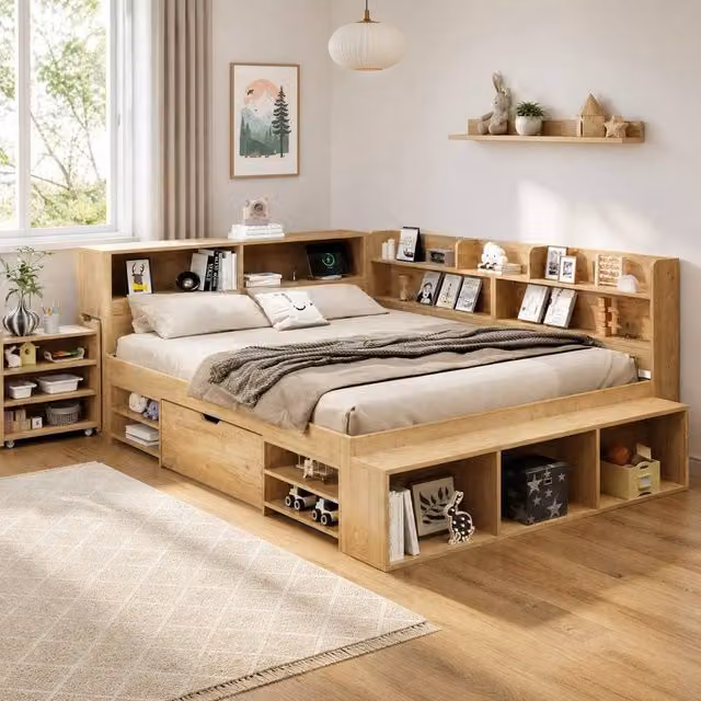 STILVORA Double Bed Frame with Storage Drawers in Light Oak Effect, W: 140 cm, L: 200 cm
