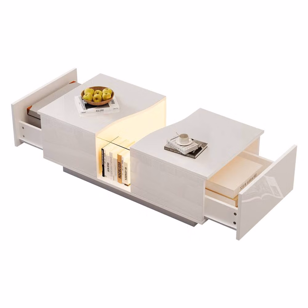 ModernLuxe High Gloss LED Coffee Table with 2 Drawer Storage in White – 2