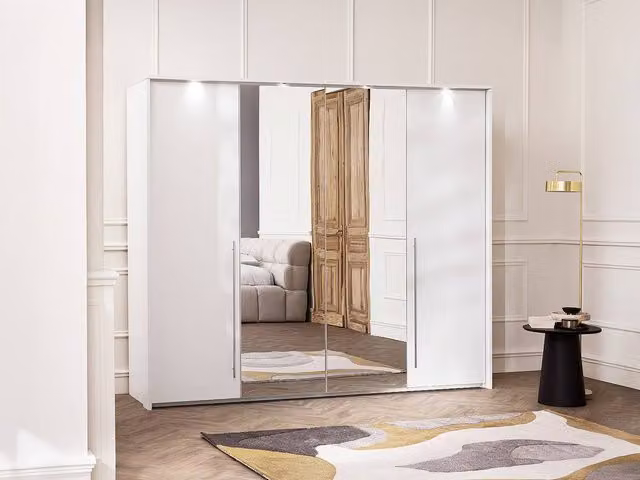 Vente-unique INGINA White Glossy Wardrobe with 2 Mirror Doors and Integrated LED Lighting, W: 255 cm, H: 219 cm, D: 65 cm