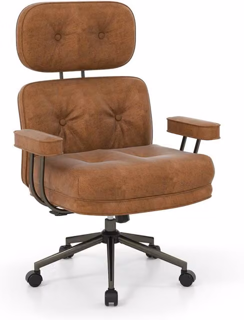 Costway Ergonomic Mid-Century Home Office Swivel Chair with Headrest in Brown