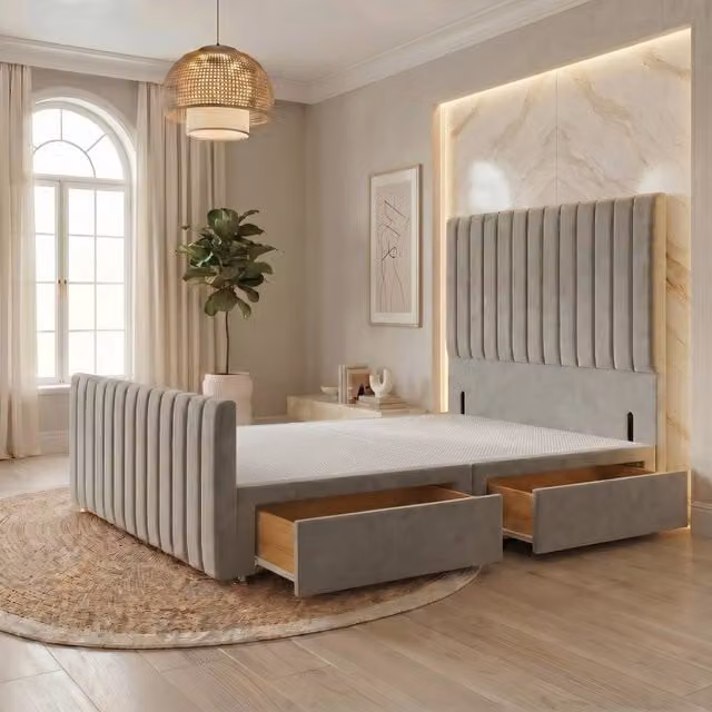 Somnior Eleanor Velvet Divan Base with 2 Drawers, 54 inch Headboard and 22 inch Footboard, Silver, W/D/H: 90 x 190 x 55.88 cm