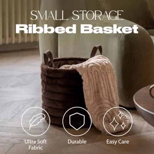 OHS Small Ribbed Faux Fur Storage Basket with Handles, Brown, W/D/H: 26.0 x 26.0 x 30.0 cm – 2