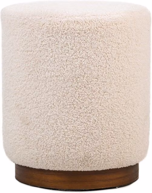 Nordlys White Bouclé Cylindrical Living Room Pouf with Brown Wooden Base