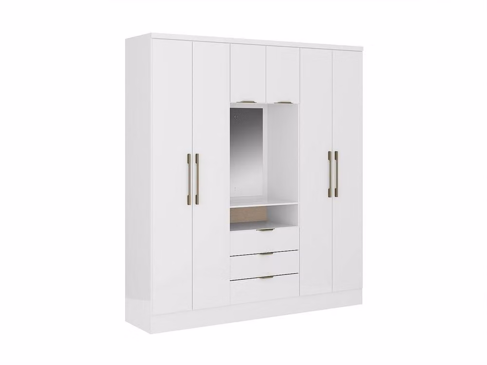 Vente-unique Modern White Wardrobe with 6 Doors, 3 Drawers and Mirror, W: 180 cm, H: 206 cm, D: 46.5 cm – 2